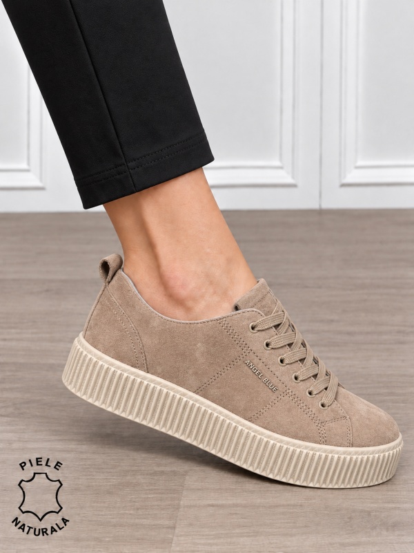 Pantofi sport damă din piele naturală intoarsa stil clasic CRL1868 KHAKI - Img 2