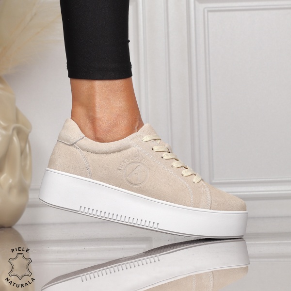 Pantofii casual din piele naturala INTOARSA CU SIRET CRL1455 BEJ - Img 2