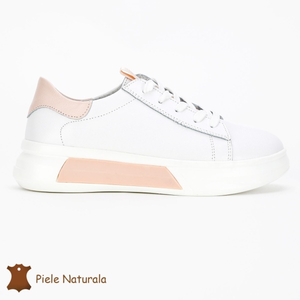 Pantofii casual piele naturala CRL1326 ALB CU ROZ - Img 2