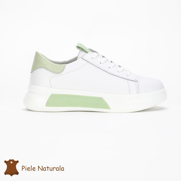 Pantofii casual piele naturala CRL1326 ALB CU VERDE - Img 2