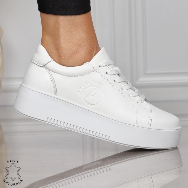 Pantofii casual piele naturala CU SIRET CRL1455 ALB - Img 2