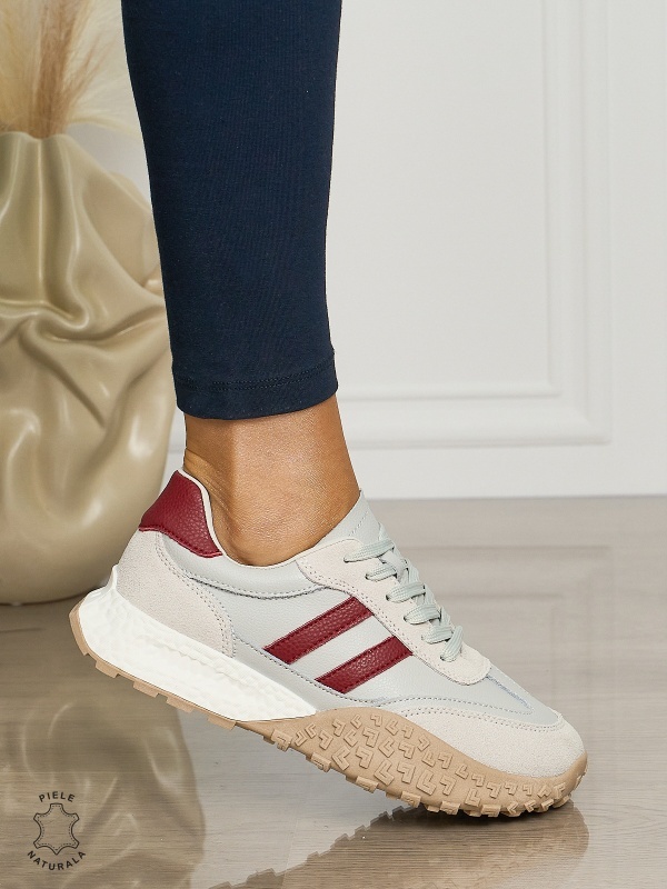 Pantofii casual piele naturala cu siret si dungi laterale CRL1459 GRI - Img 2