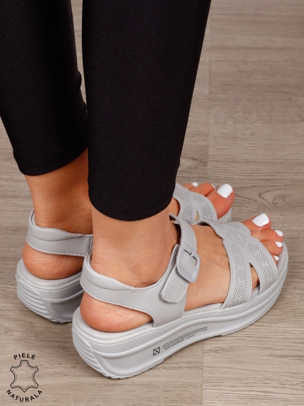 Sandale dama din Piele Naturala cu inchidere catarama CRL1546 GRI - Img 3