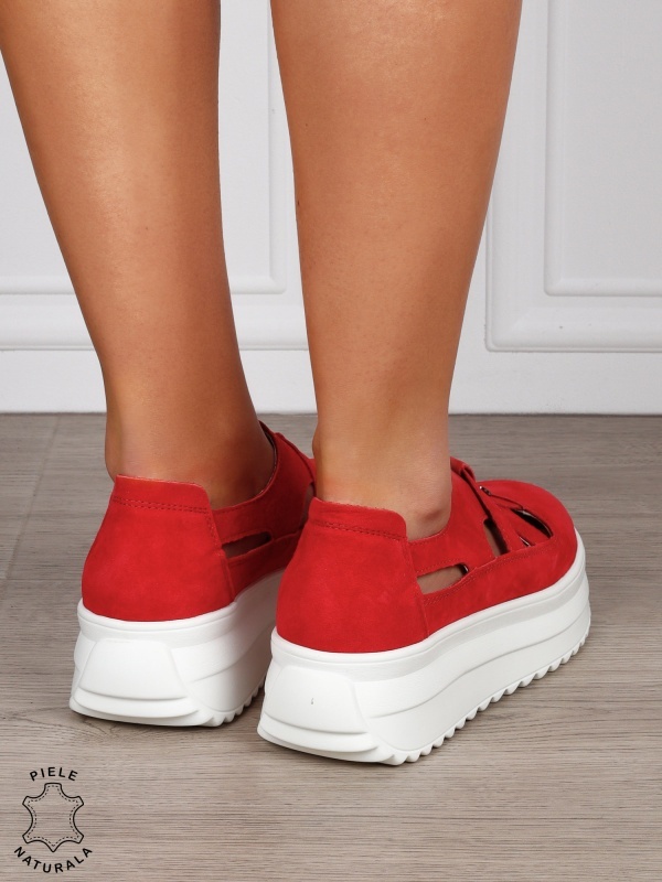 Sandale dama din Piele Naturala Intoarsa cu talpa inalta CRL1558 ROSU - Img 3