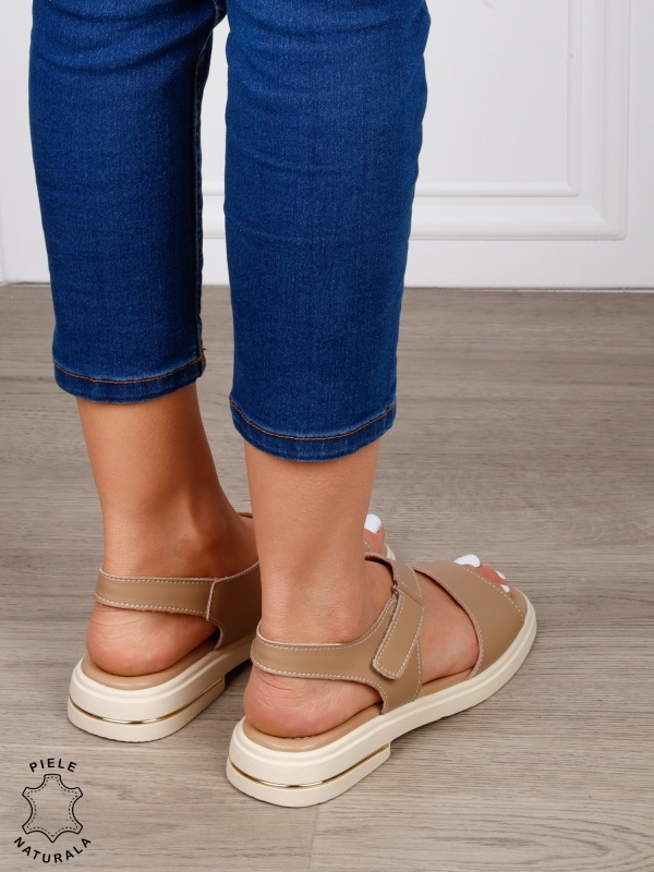 Sandale damă din piele naturală model casual cu talpă joasă și design modern CRL1646 KHAKI - Img 3