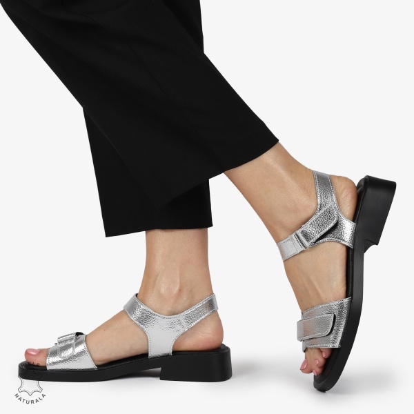SANDALE Dama Piele Naturala CU INCHIDERE VELCRO CONFORTABILE CRL1373 ARGINTIU - Img 2
