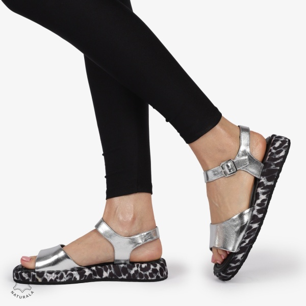 SANDALE DAMA PIELE NATURALA CU TALPA IMPRIMEU LEOPARD CRL1262 ARGINTIU - Img 2