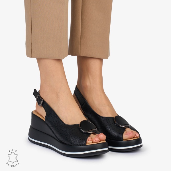 SANDALE Dama Piele Naturala CU TALPA INALTA SI ACCESORIU METALIC CRL1047 Culoare: NEGRU - Img 2