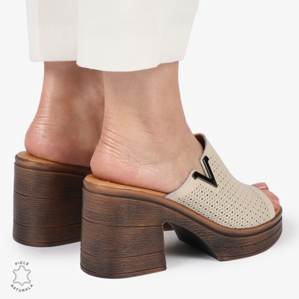 Sandale elegante din piele naturală CU TOC GROS SI INALT CRL1405 BEJ - Img 4