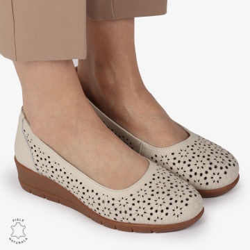 Balerini dama din Piele Naturala cu talpa groasa si Perforati CRL01381 BEJ - Img 3