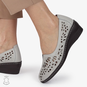BALERINI dama din Piele naturala PERFORATA SLIP-ON CU TOC MIC CRL1362 GRI - Img 4