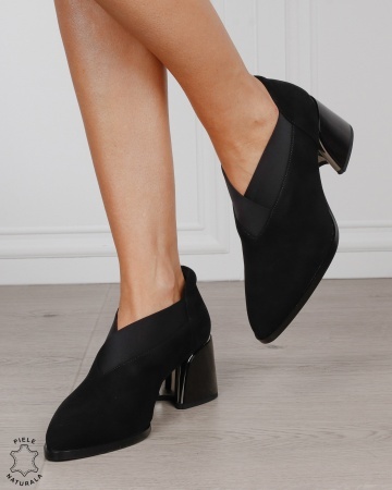 Botine damă din piele naturală întoarsă cu bandă elastică și toc gros CRL1886 NEGRU - Img 4