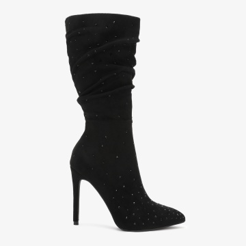 Cizme elegante de dama din piele ecologica intoarsa si strasuri aplicate CRL0692 Negre - Img 2