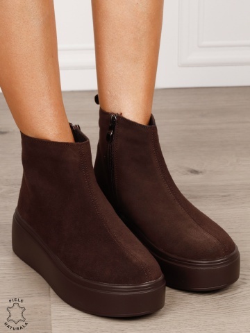 Ghete casual din piele naturală intoarsa cu talpa solida cu fermoar CRL1511 CAFENIU - Img 3
