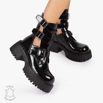 GHETE DAMA PIELE NATURALA cu decupaje laterale și trei curele cu catarame metalice CRL1251 NEGRU - Img 4