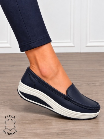 Mocasini damă din piele naturală cu șiret si talpa groasa CRL1859 BLEUMARIN