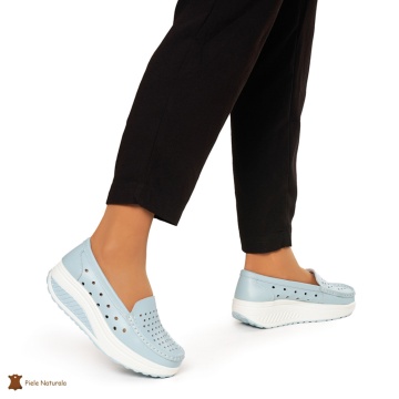 Mocasini Dama Piele Naturala perforati cu talpa groasa CRL0079 ALBASTRRU - Img 2