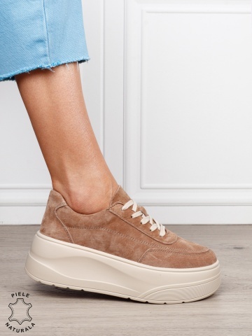 Pantofi casual damă din piele întoarsă naturală cu siret CRL1822 KHAKI