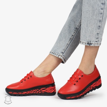 Pantofi Casual dama din Piele naturala CU DESIGN PE TALPA SIRET CRL1345 ROSU - Img 4