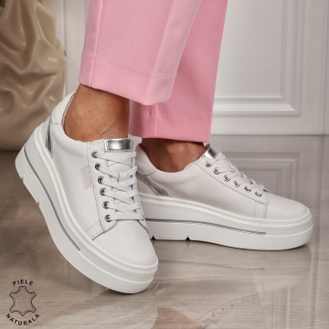 Pantofi CASUAL dama din piele naturala CU SIRET CRL1453 ALB - Img 1