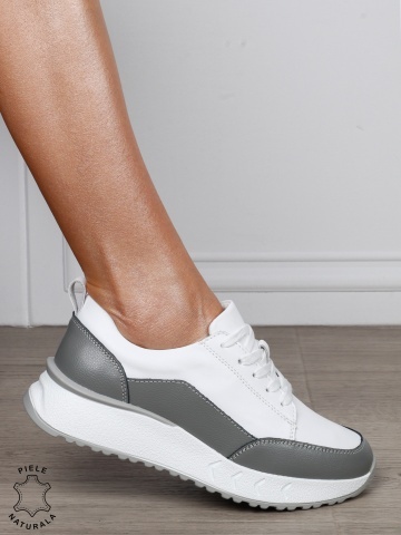 Pantofi Casual Damă din Piele Naturală cu Șiret și Design în Combinație de Culori ALB CRL1800 - Img 2