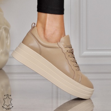 Pantofi CASUAL damă din piele naturală CU SIRET SI TALPA INALTA CRL1454 KHAKI - Img 3