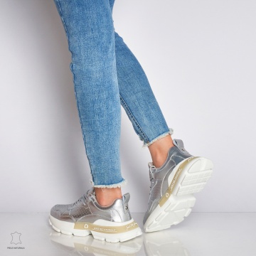 Pantofi Casual dama din Piele naturala cu talpa groasa CRL0046 Argintiu - Img 2