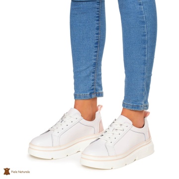 Pantofi Casual dama din Piele naturala cu talpa groasa CRL0054 ALB CU ROZ - Img 2