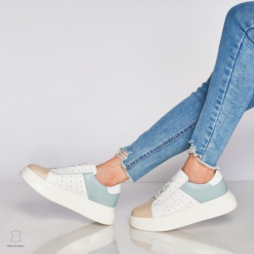 Pantofi Casual dama din Piele naturala cu talpa groasa Multicolor CRL0040ALB CU ALBASTRU - Img 4