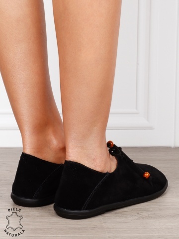 Pantofi Casual Damă din Piele Naturală Întoarsă cu Șiret și Design Minimalist CRL1274 NEGRU - Img 3