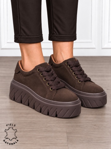 Pantofi casual damă din piele naturală Intoarsa cu talpă Speciala inalta CRL1913 CAFENIU