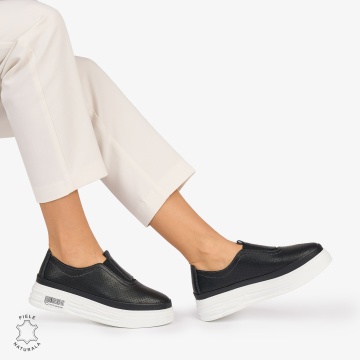 Pantofi Casual dama din Piele Naturala Perforata cu elastic frontal CRL1068 CULOARE: NEGRU - Img 3