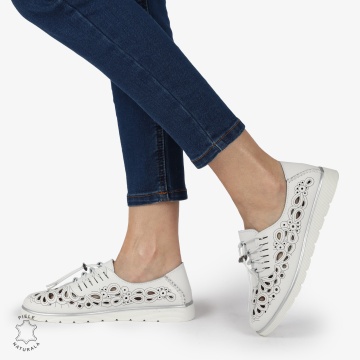 PANTOFI CASUAL dama din Piele naturala PERFORATA CU MODEL CRL1356 ALB - Img 2