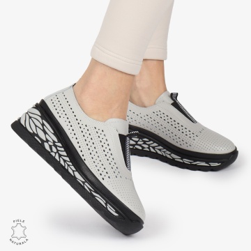 Pantofi Casual dama PERFORATI din Piele naturala CU DESIGN PE TALPA SLIP-ON CRL1338 GRI - Img 2