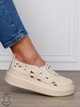 PANTOFI CASUAL Dama Piele Naturala Perforat Slip-on CRL1594 BEJ - Img 2