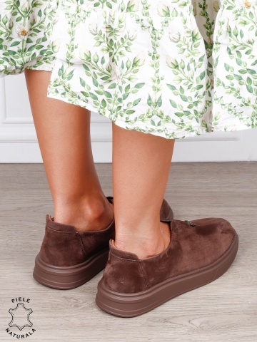 Pantofi casual dama slip-on din piele naturală intoarsa cu aspect modern CRL1817 CAFENIU - Img 3