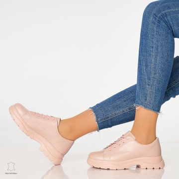 Pantofi casual de dama din piele naturala cu talpa aderenta CRL0010 Roz - Img 4