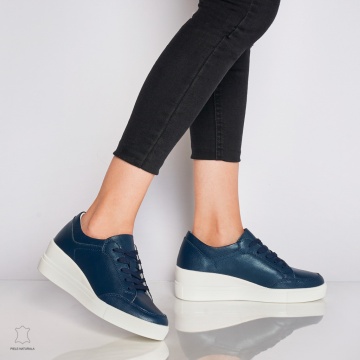 Pantofi casual de dama din piele naturala cu talpa plata CRL0034 Bleumarin