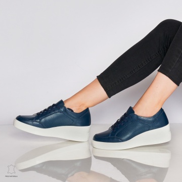 Pantofi casual de dama din piele naturala cu talpa plata CRL0034 Bleumarin - Img 3