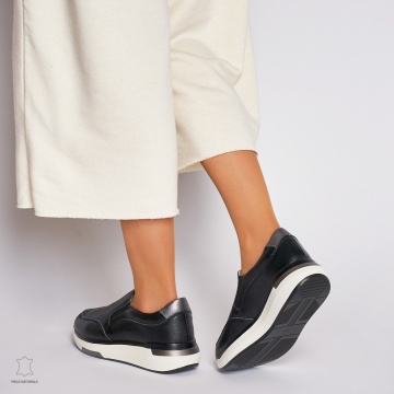 Pantofi casual de dama din piele naturala cu talpa platforma CRL0015 Negri - Img 4