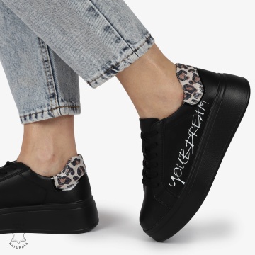 Pantofi DAMA CASUAL din piele naturală CU DETALIU SCRIS CRL1379 NEGRU - Img 2