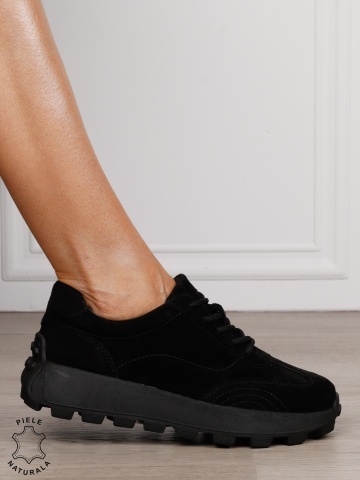 Pantofi damă din piele naturală intoarsa cu șiret model versatil CRL1852 NEGRU - Img 2