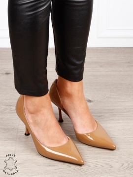 Pantofi dama eleganti din piele naturala Lacuita cu toc subtire clasic CRL1636KHAKI - Img 3