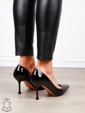 Pantofi dama eleganti din piele naturala Lacuita cu toc subtire clasic CRL1636 NEGRU - Img 4