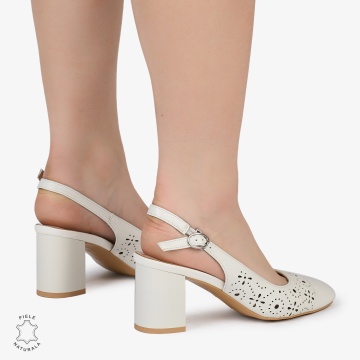 PANTOFI ELEGANTI dama din Piele Naturala CU TOC GROS SI MODEL PERFORAT CRL0995 ALB - Img 2