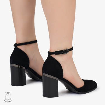 PANTOFI ELEGANTI dama din Piele Naturala INTOARSA CU TOC GROS CRL0997 NEGRU - Img 3