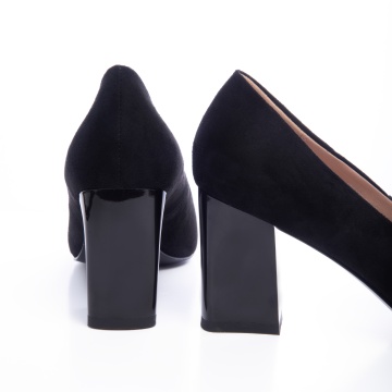 Pantofi Eleganti din Piele Ecologica cu model si toc Gros CRL0725 negru suede - Img 3