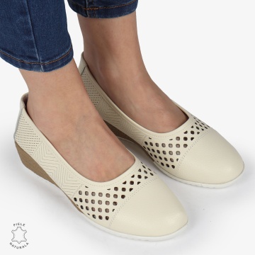 Pantofi Perforati Dama Piele Naturala Slip-on CRL0077 BEIGE - Img 2