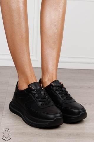 Pantofi sport damă din piele naturală cu talpă înaltă CRL1864 NEGRU