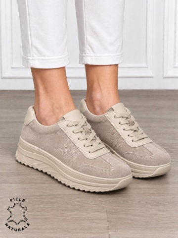 Pantofi sport damă din piele naturală întoarsă cu design casual CRL1894 BEJ